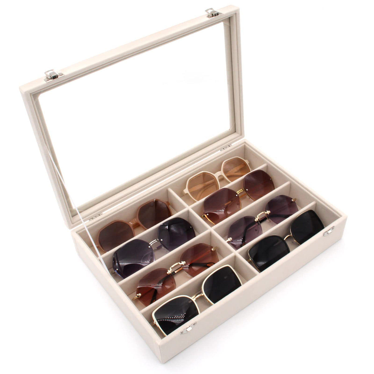 KLOUD City Luxury Sunglasses Organizer - 8 Slot Velvet Jewelry Storage Case with Clear Glass Lid | Dustproof, Scratch-Resistant Display for Glasses & Watches | Elegant Gift Box (14"x9.5") KLOUD City