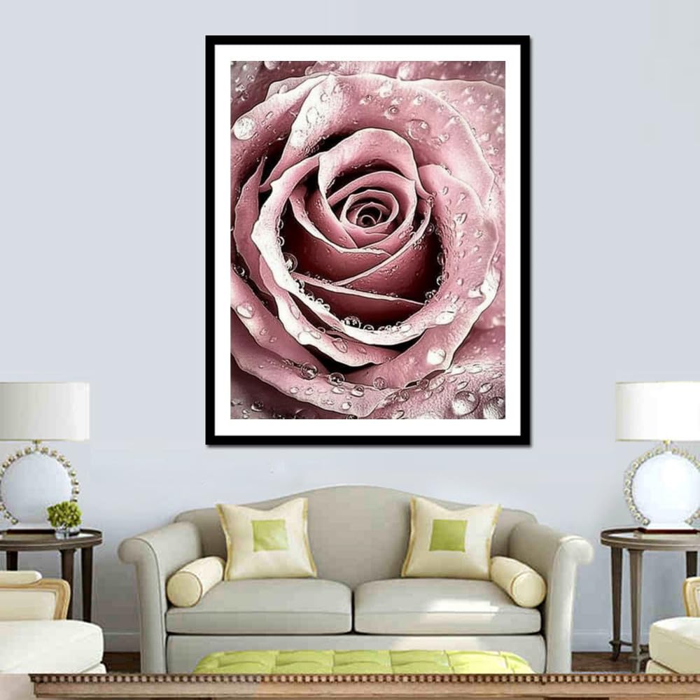 pigpigboss Pink Rose Diamond Painting Art Kit, 5D Full Round Drill Waterdrop Rose Diamond Dots Arts Crafts for Adults Beginner Home Office Wall Holiday Decor (11.8 x 15.7 inches) pigpigboss