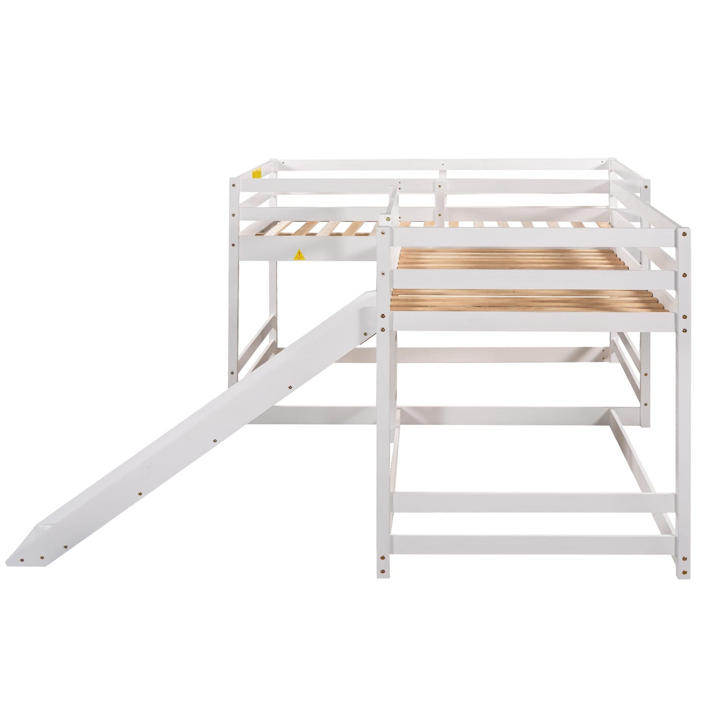 VilroCaz L-Shaped Full and Twin Size Bunk Bed with Slide and Short Ladde, Solid Wood 4 in 1 Design Quad Bunk Bed Frame with Safety Guardrail for Aldults Kids Teens (White-4)