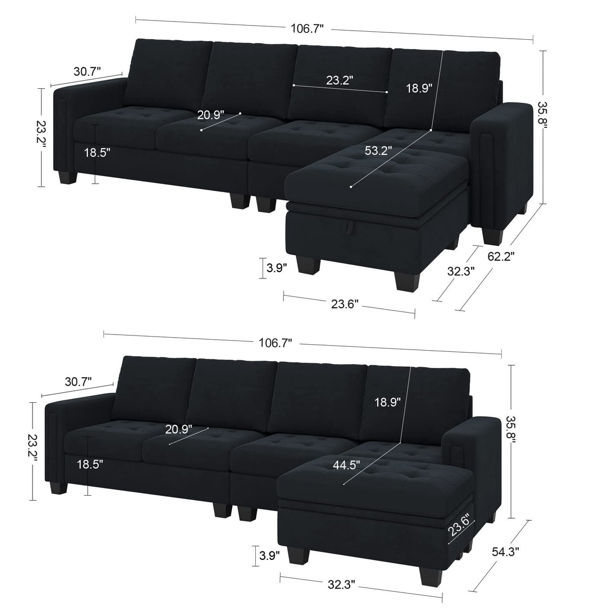 Belffin Velvet Reversible Sectional Sofa with Chaise Convertible L Shaped 4-seat Sectional Couch with Storage Ottoman Black Belffin