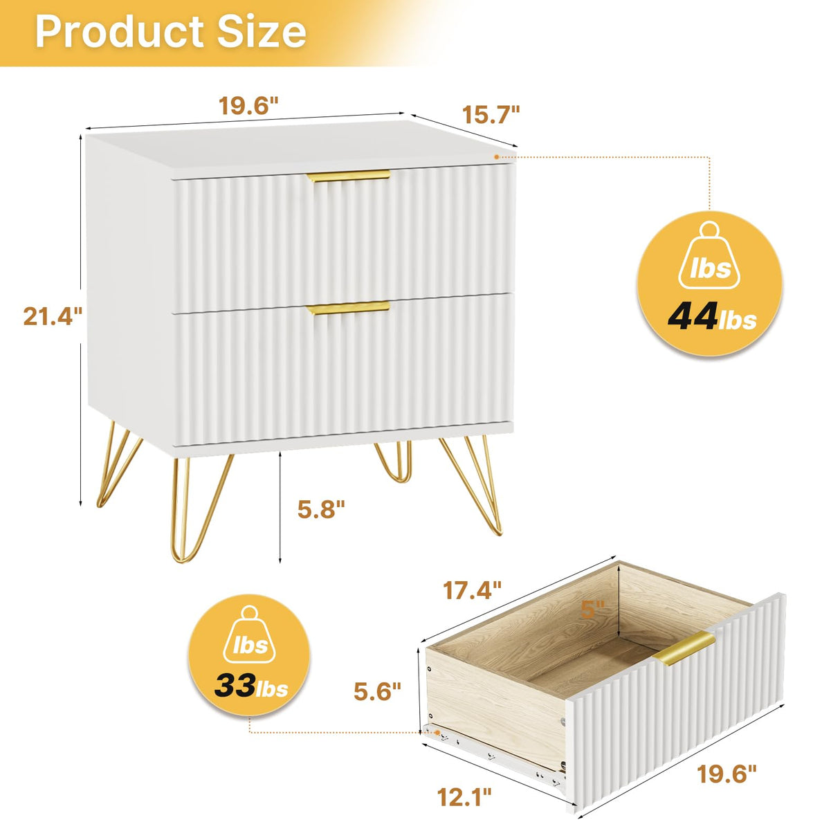 NOVAMAISON White Nightstand Set of 2, Modern Night Stand Bedside Table with 2 Storage Drawer, Bed Side End Table with Golden Handles and Legs for Bedroom, White NOVAMAISON
