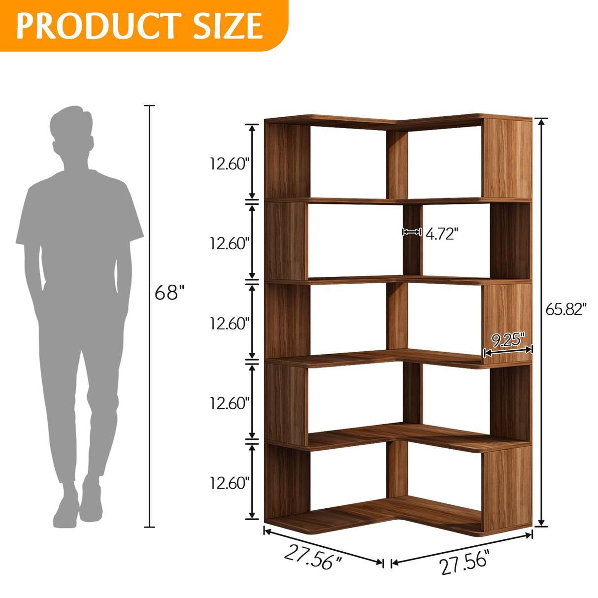 IOTXY 6-Tier L-Shaped Corner Bookshelf - 66" Tall Wooden Freestanding Bookcase with Open Shelf Units, Walnut IOTXY