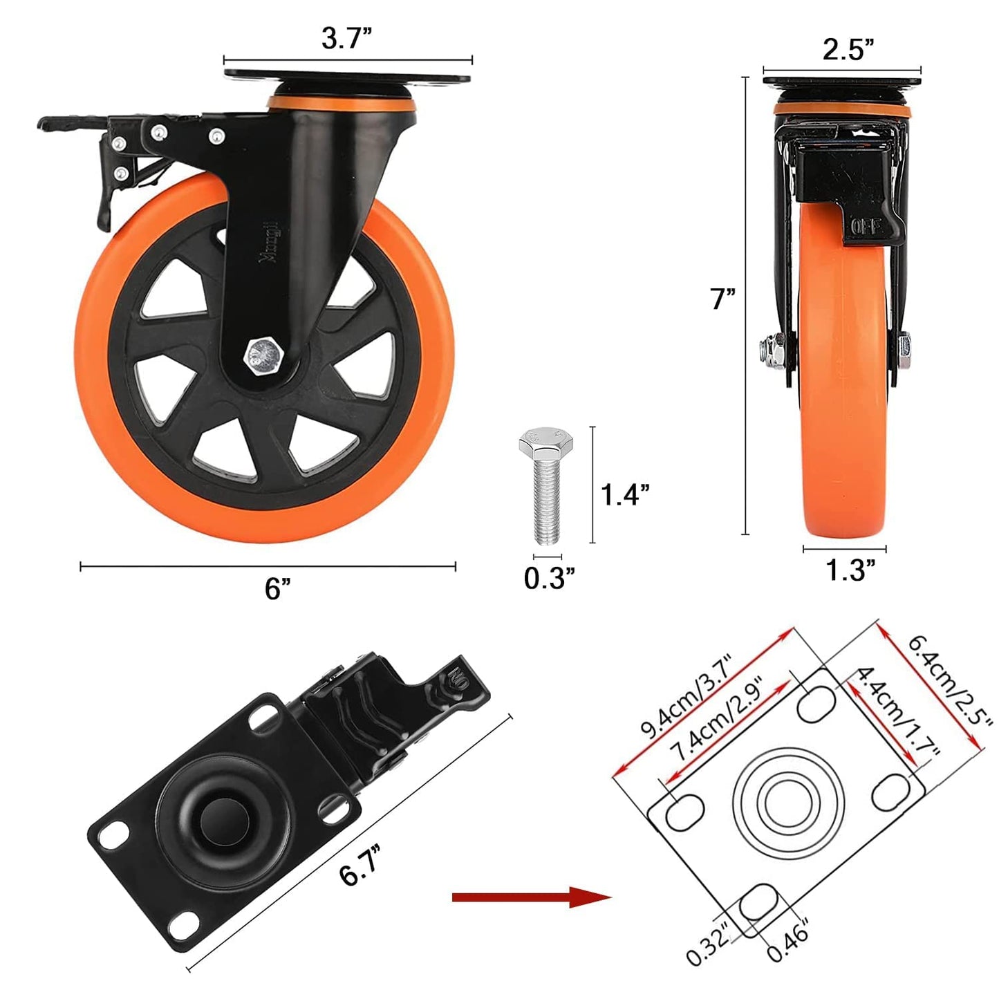 6 Inch Heavy Duty Caster Wheels Load 3000 Lbs with Brake Safety Dual Locking No Noise Wheels Swivel Casters Set of 4 (Free Screws)