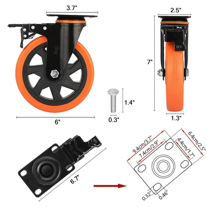 6 Inch Heavy Duty Caster Wheels Load 3000 Lbs with Brake Safety Dual Locking No Noise Wheels Swivel Casters Set of 4 (Free Screws)