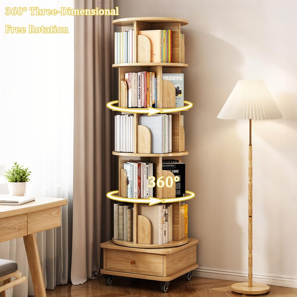 Furnuniq 360° 6 Tier Rotating Bookshelf with Drawer and Wheels, Tall Bookcase for Small Spaces, Corner Shelf for Bedroom, Living Room, Office, Wood Bookshelf, Natural Furnuniq