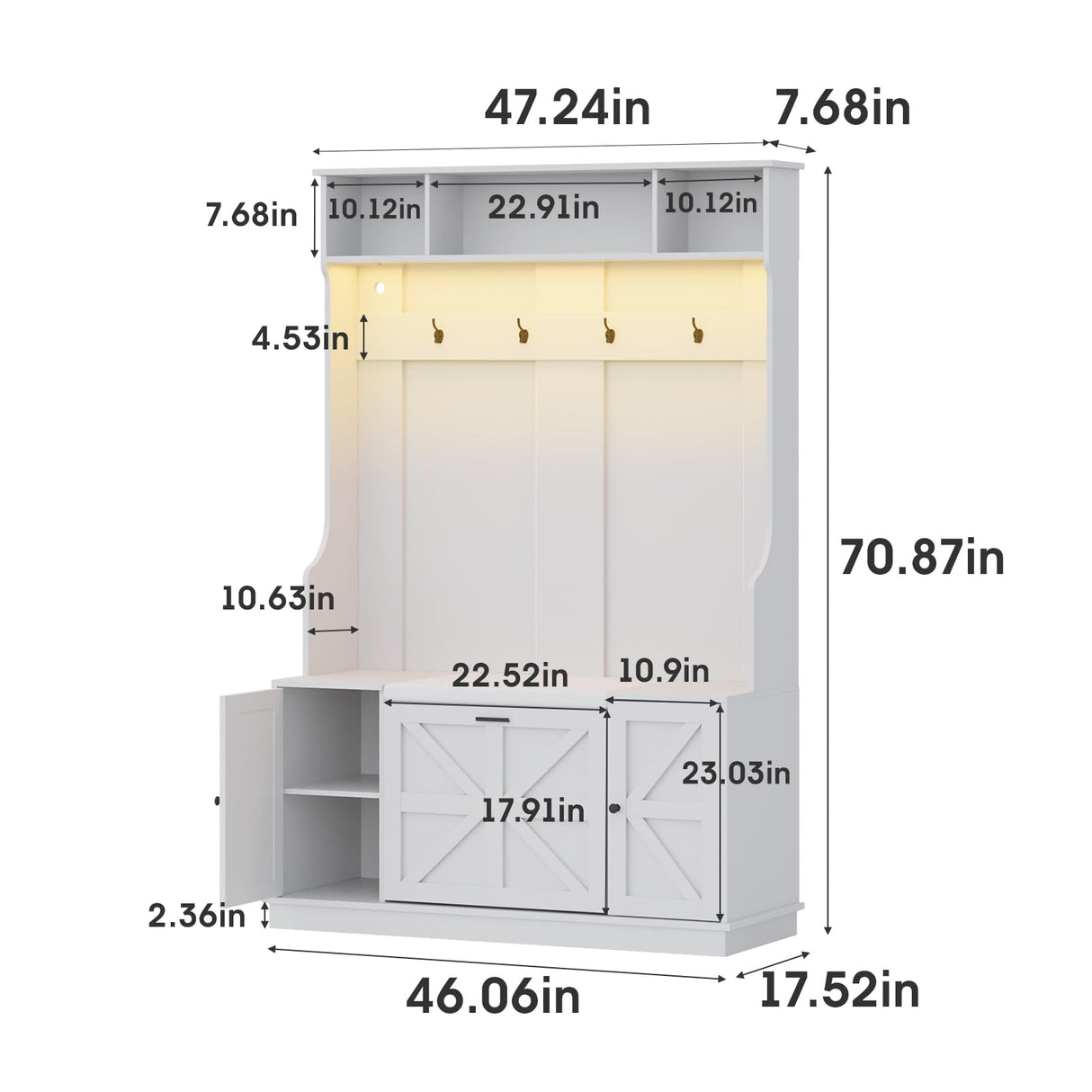 Maupvit Hall Tree with Bench and Shoe Storage, Coat Rack with Shoe Bench, 6 Shoe Cubbies, 4 Coat Hooks, LED Lights and Adjustable Shelf, Entryway Hall Tree, Shoe Bench with Soft Cushion for Hallways Maupvit