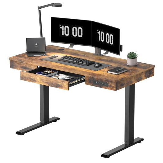 AIMEZO Electric Standing Desk with Drawer 48 x 24 Inches Standing Desk Adjustable Height Desk One-Piece Wooden Desktop Sit Stand Up Desk,Black Frame +Rustic Brown Top