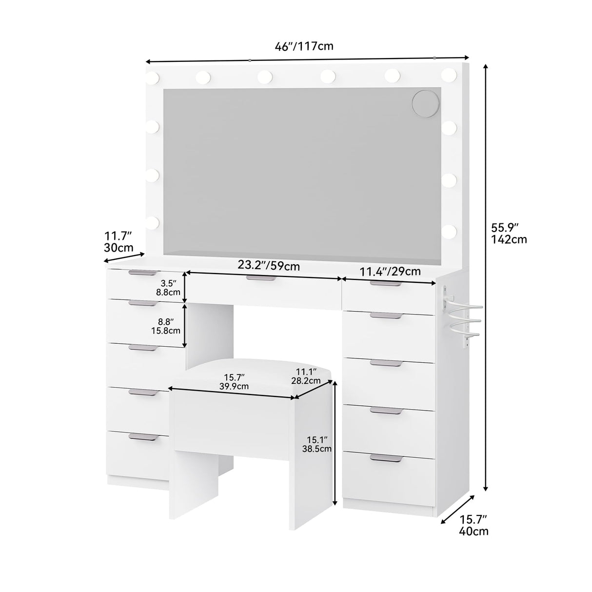 YITAHOME Makeup Vanity Desk with LED Mirror & 3 Brightness Levels, Makeup Table with 11 Drawers, Magnifying Glass, Power Outlets, Hairdryer Holder & Storage Cushion Stool for Dressing Room YITAHOME