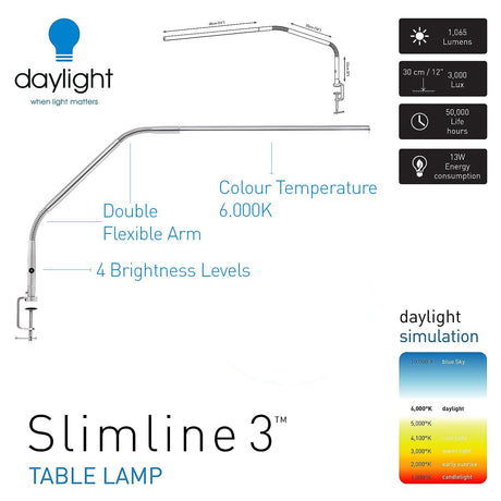 Daylight Company, LLC U35108 Slimline 3 Table Lamp-LED-80 CRI-Eye Care-4 Brightness Levels, 3,000 LUX at 30 cm, 1,065 LUMENS-4 Step DIMMER Mode, Brushed Steel, 25.6 x 30 x .8 daylight