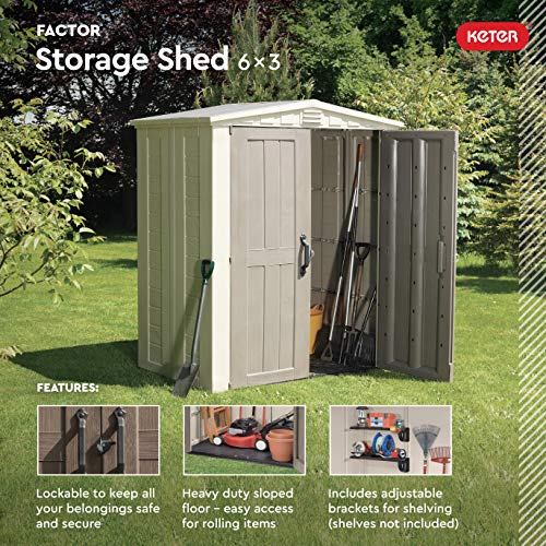 Keter Factor 6x3 Outdoor Storage Shed Kit-Perfect to Store Patio Furniture, Garden Tools Bike Accessories, Beach Chairs and Push Lawn Mower, Taupe & Brown - WoodArtSupply