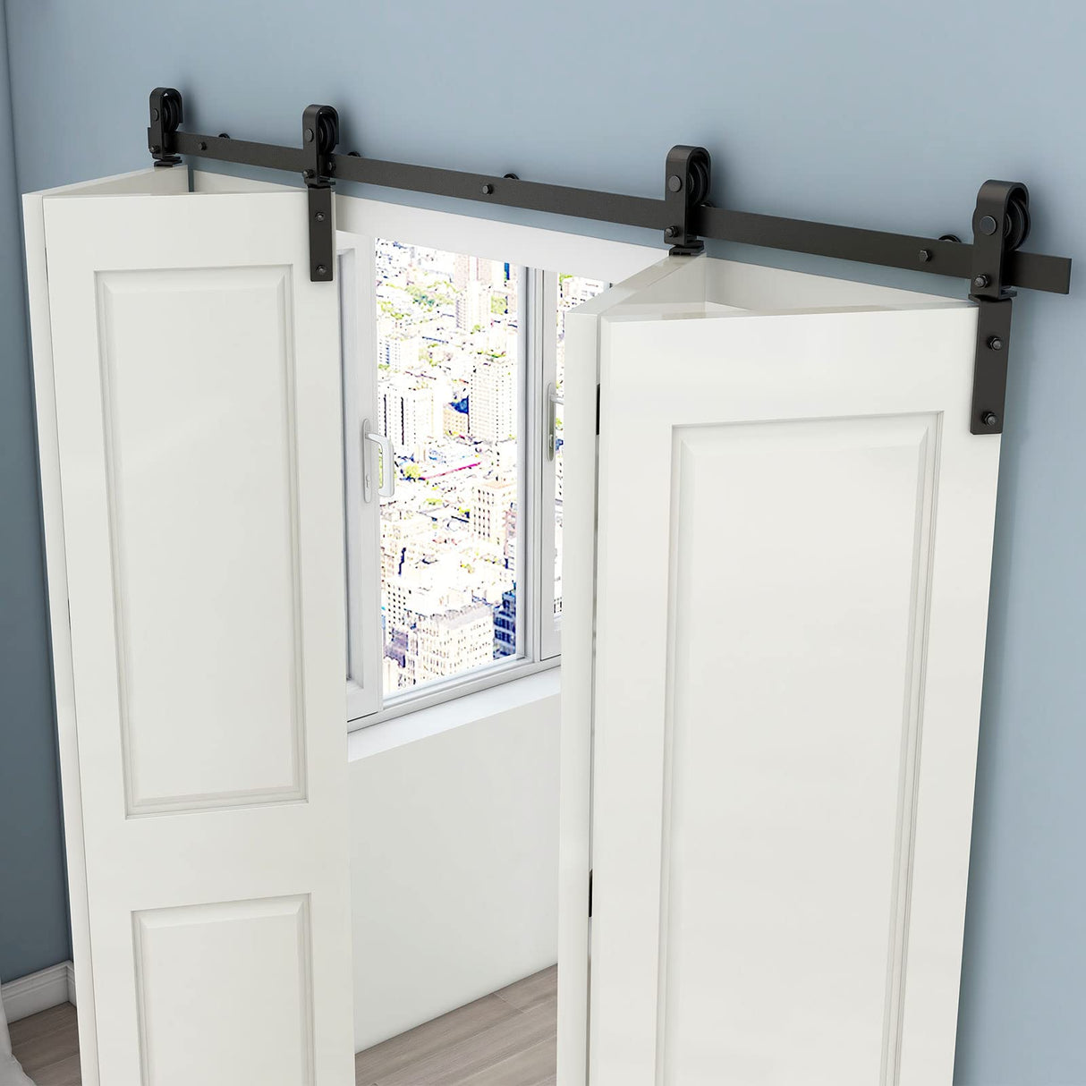 CCJH 5FT/60'' Bi-Folding Barn Door Hardware Sliding Track kit Heavy Duty for 4 Doors(No Wood Door，Hardwware Only) CCJH