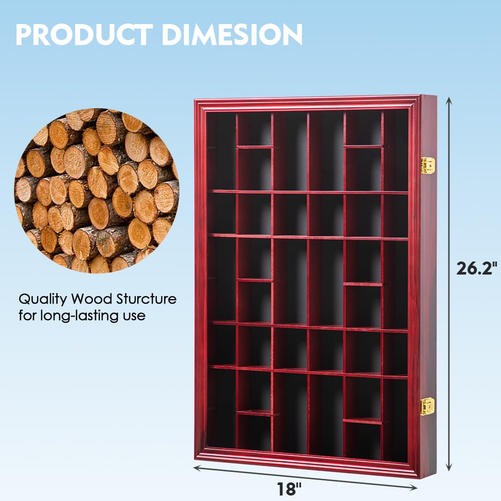 Furnishh 36 Slots Shot Glass Display Case with Lockable Door, Solid Wood Cabinet Collection Holder Wall Mounted Shot Glass Display Storage Box with Removable Shelves, 18"x26", Mahogany Furnishh