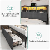 YITAHOME Queen Bed Frame with 2-Tier Storage Shelves and Bookcase Headboard,LED Light Queen Size Bed with Charging Station, No Box Spring Needed/Noise Free, Dark Gray YITAHOME