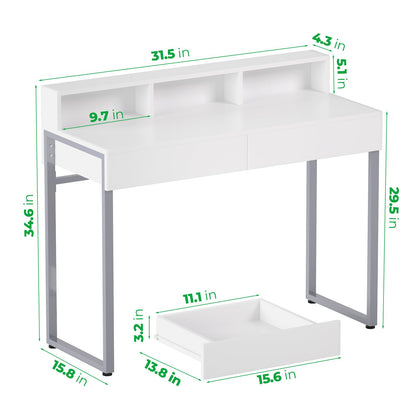 GreenForest Vanity Desk with 2 Drawers,White Makeup Desk with 3 Storage Spaces,31.5inch Small Desk for Bedroom with Metal Silver Legs,Morden Computer Desk Home Office Desk,No Mirror