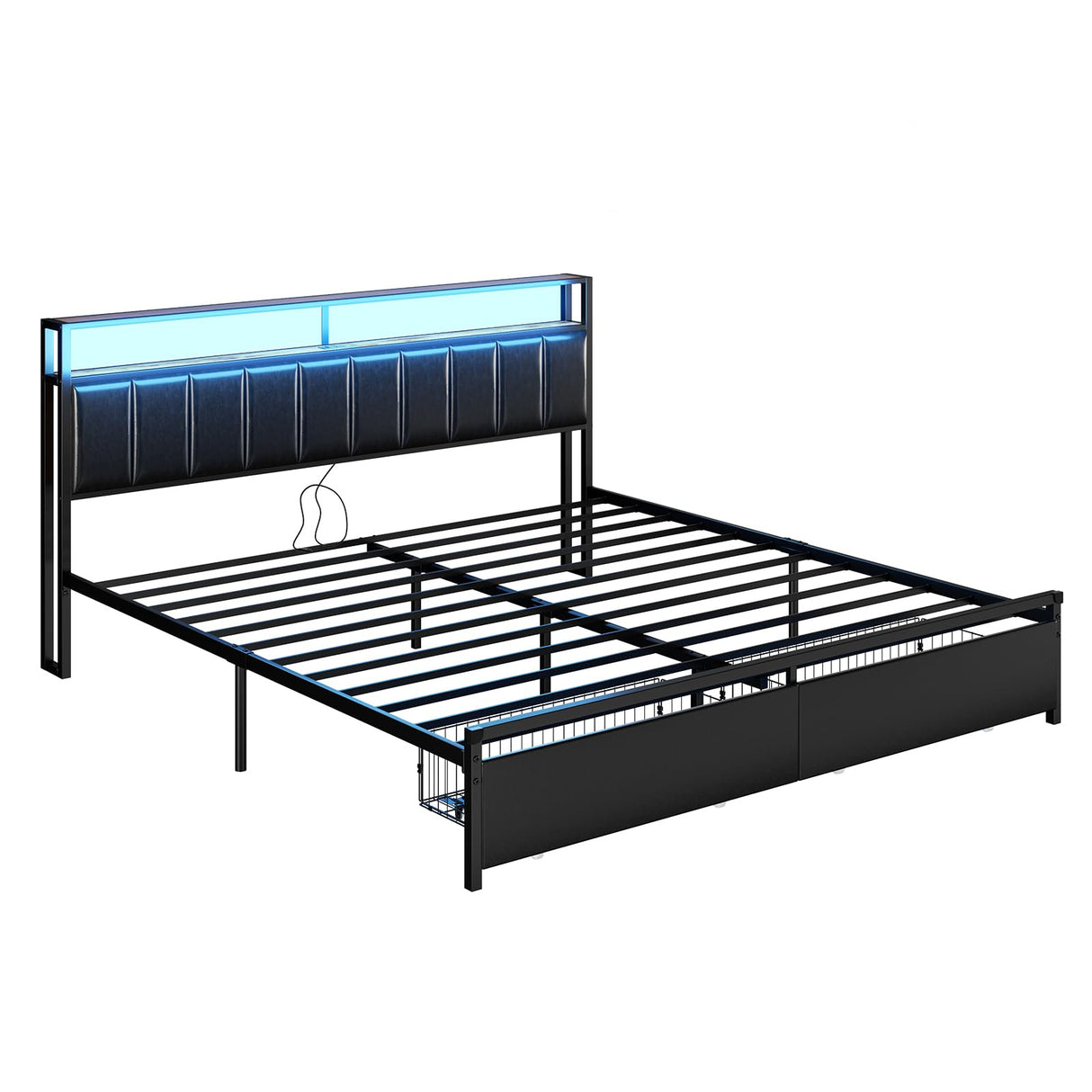 AMERLIFE LED Bed Frame with Drawers, King Platform Bed Frame with 2-Tier Storage & Leather Upholstered & Charging Station Headboard, No Box Spring Needed, Noise Free, Easy Assembly, Black AMERLIFE