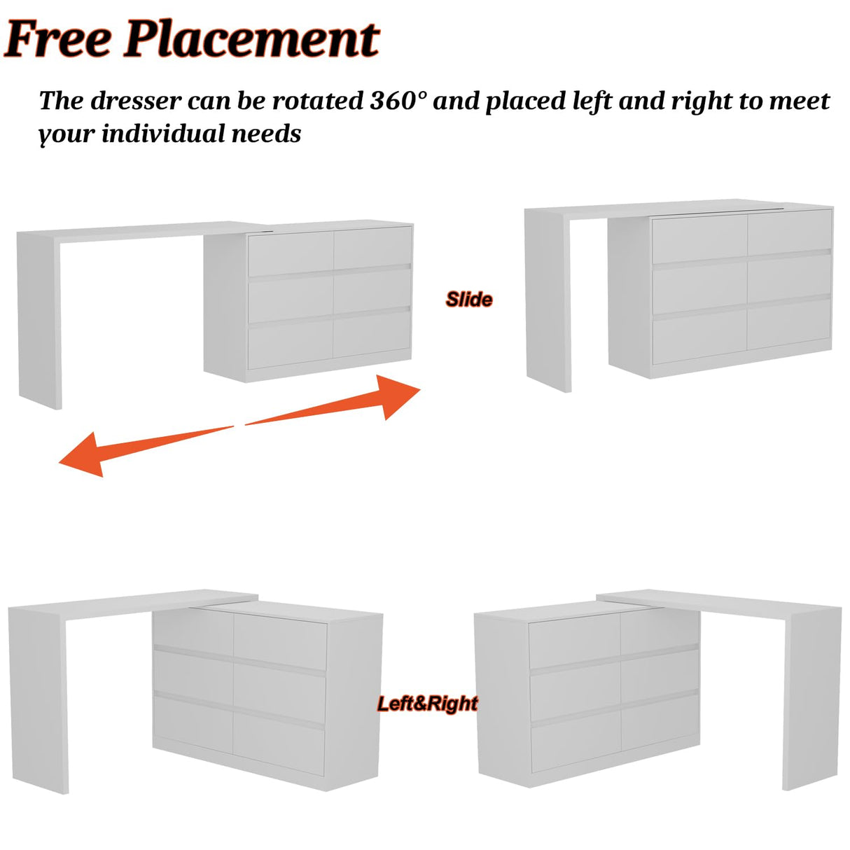 Hitow 6 Drawer Double Dresser with Makeup Vanity Desk, Deformable Wood Dresser Chest with Multifunctional Tabletop, Storage Chest of Drawers for Bedroom, White (51.2" W x 15.7" D x 31.5" H)