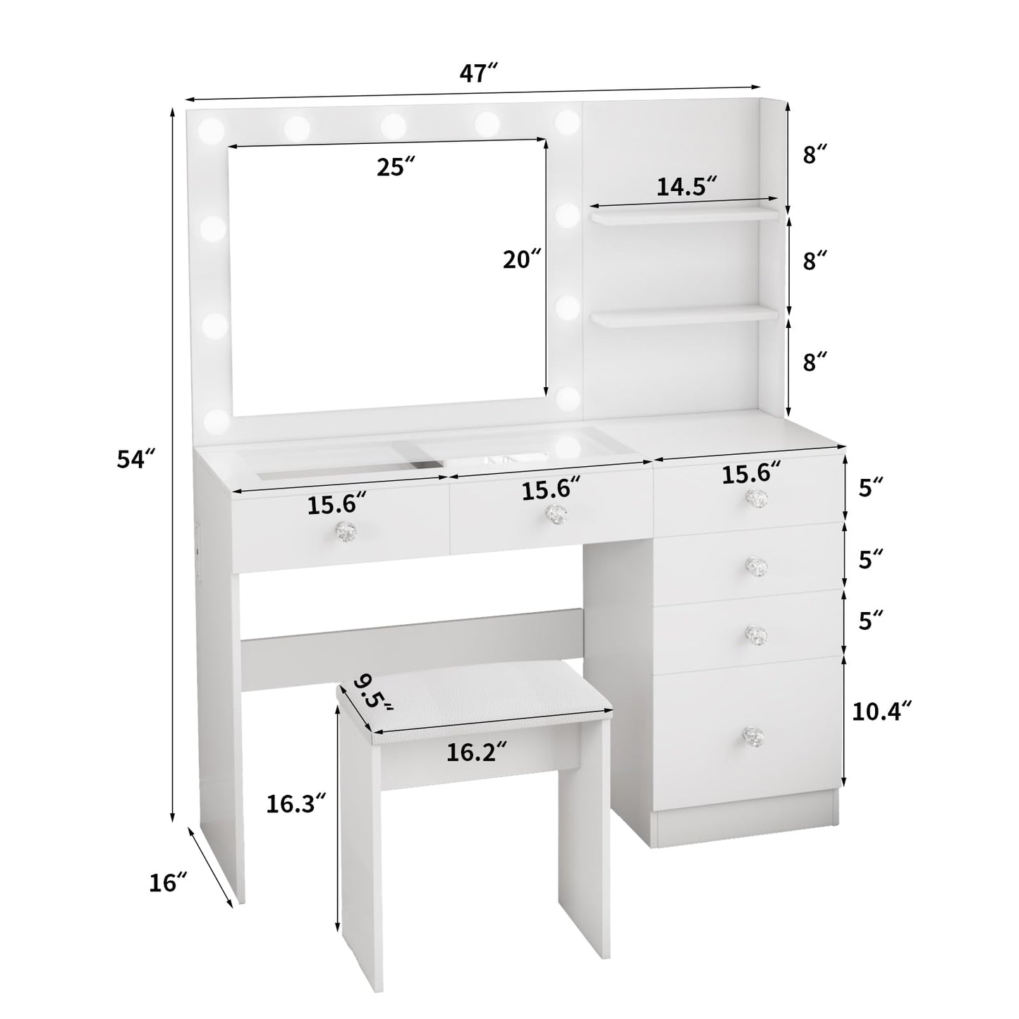 VOWNER Vanity with Lights - 47" Makeup Vanity Desk with Glass Top, 6 Drawers, 3 Storage Shelves and Outlet, 3 Color Lighting Modes with Adjustable Brightness, Makeup Desk with Stool for Bedroom, White