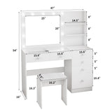 VOWNER Vanity with Lights - 47" Makeup Vanity Desk with Glass Top, 6 Drawers, 3 Storage Shelves and Outlet, 3 Color Lighting Modes with Adjustable Brightness, Makeup Desk with Stool for Bedroom, White VOWNER