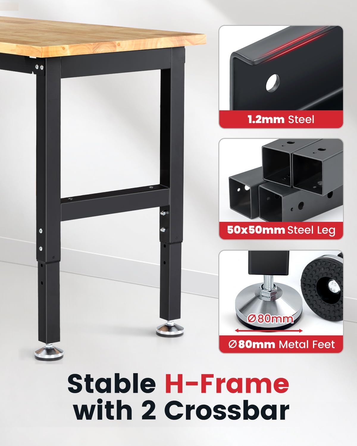 ENJOYWOOD 60 Inch Workbench for Garage Adjustable Height Work Bench with Pegboard Power Outlets Rubber Wood Tabletop Work Table for Cutting Wood Woodworking Shop Home Office Electronic ENJOYWOOD