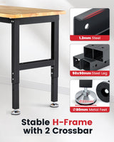 ENJOYWOOD 60 Inch Workbench for Garage Adjustable Height Work Bench with Pegboard Power Outlets Rubber Wood Tabletop Work Table for Cutting Wood Woodworking Shop Home Office Electronic ENJOYWOOD