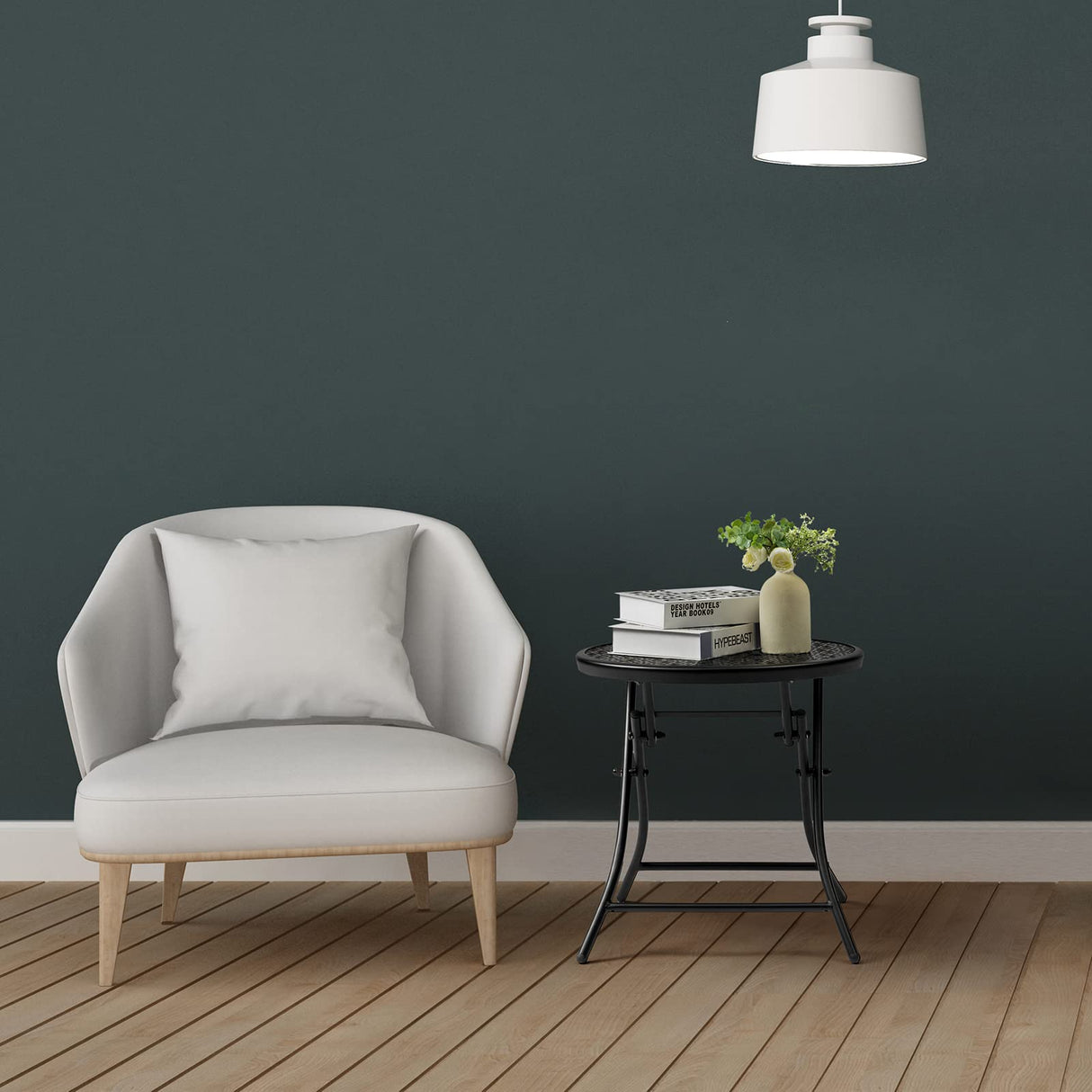 TeoKJ Folding Outdoor Side Tables, Anti Rust Small Patio Table Round Metal Nightstand with Flower Cutouts for Porch Yard Balcony Deck Lawn, Black TeoKJ