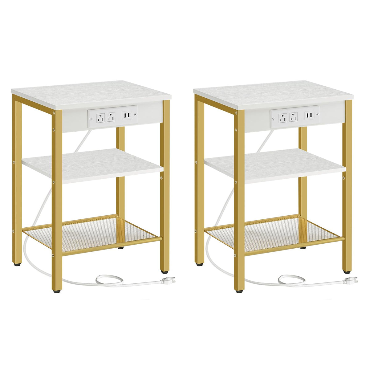 HOOBRO End Tables Set of 2 with Charging Station and USB Ports, 3-Tier Nightstands with Adjustable Shelves, Small Side Tables for Small Space in Living Room, Bedroom, White and Gold DW112BZP201G1 HOOBRO