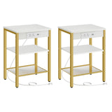 HOOBRO End Tables Set of 2 with Charging Station and USB Ports, 3-Tier Nightstands with Adjustable Shelves, Small Side Tables for Small Space in Living Room, Bedroom, White and Gold DW112BZP201G1 HOOBRO