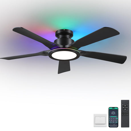 Ceiling Fans with Lights and Remote/APP Control, 52" Low Profile Flush Mount Ceiling Fan with RGB Ring Light & Dimmable, 5 Reversible Curved Blades 3 CCT 6 Speeds for Bedroom Living Room Party, Black Wiviniya