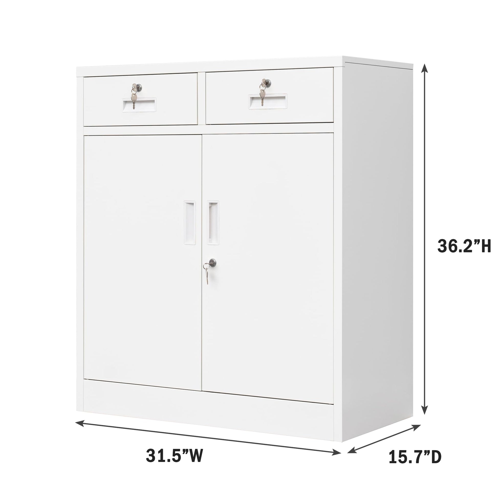 Wanfu Metal Storage Cabinet with Locking Doors and Adjustable Shelf, 36" H Locking Storage Cabinet with Two Drawers for Office, Garage, Home-White - WoodArtSupply