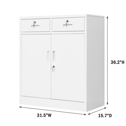 CMY Metal Storage Cabinet with Locking Doors and Adjustable Shelve, 36" H Steel Cabinet with Two Drawers, Locking Storage Cabinet for Office, Garage, Home-White - WoodArtSupply