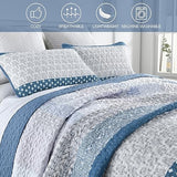 WONGS BEDDING Blue Quilt Queen Size, Bohemian Stripe Quilt Sets 3 Pieces Boho Quilted Bedspread Set Lightweight Microfiber Coverlet Bedding Set All Season (96"x90") WONGS BEDDING