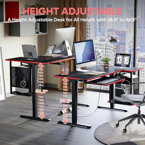 Bestier L Shaped Electric Standing Desk Adjustable Height with Keyboard Tray, Host Shelf & Pegboard (Black 3D Carbon Fiber with Red Edge) - WoodArtSupply