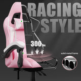 Pink Gaming Chair, Ergonomic Racing Computer Seat with Headrest and Lumbar Support, PU Leather High Back Height Adjustable Reclining Swivel Game Chairs for Adults Racingreat