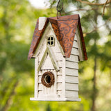 Glitzhome 12" H Washed White Distressed Solid Wood Cottage Birdhouse Hanging Bird House for Outdoors Glitzhome
