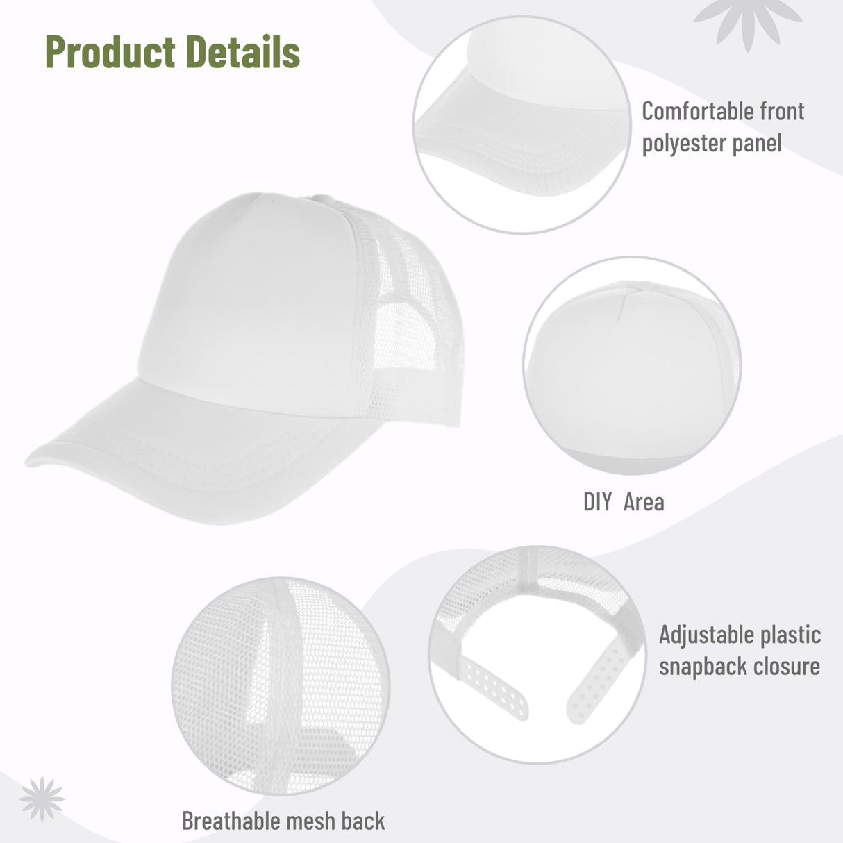 10 PCS Sublimation Blank Trucker Hats Plain Blank Baseball Caps Adjustable Back Strap Unisex Blank Mesh Caps Men Women DIY (Cotton, White) Lnrueg