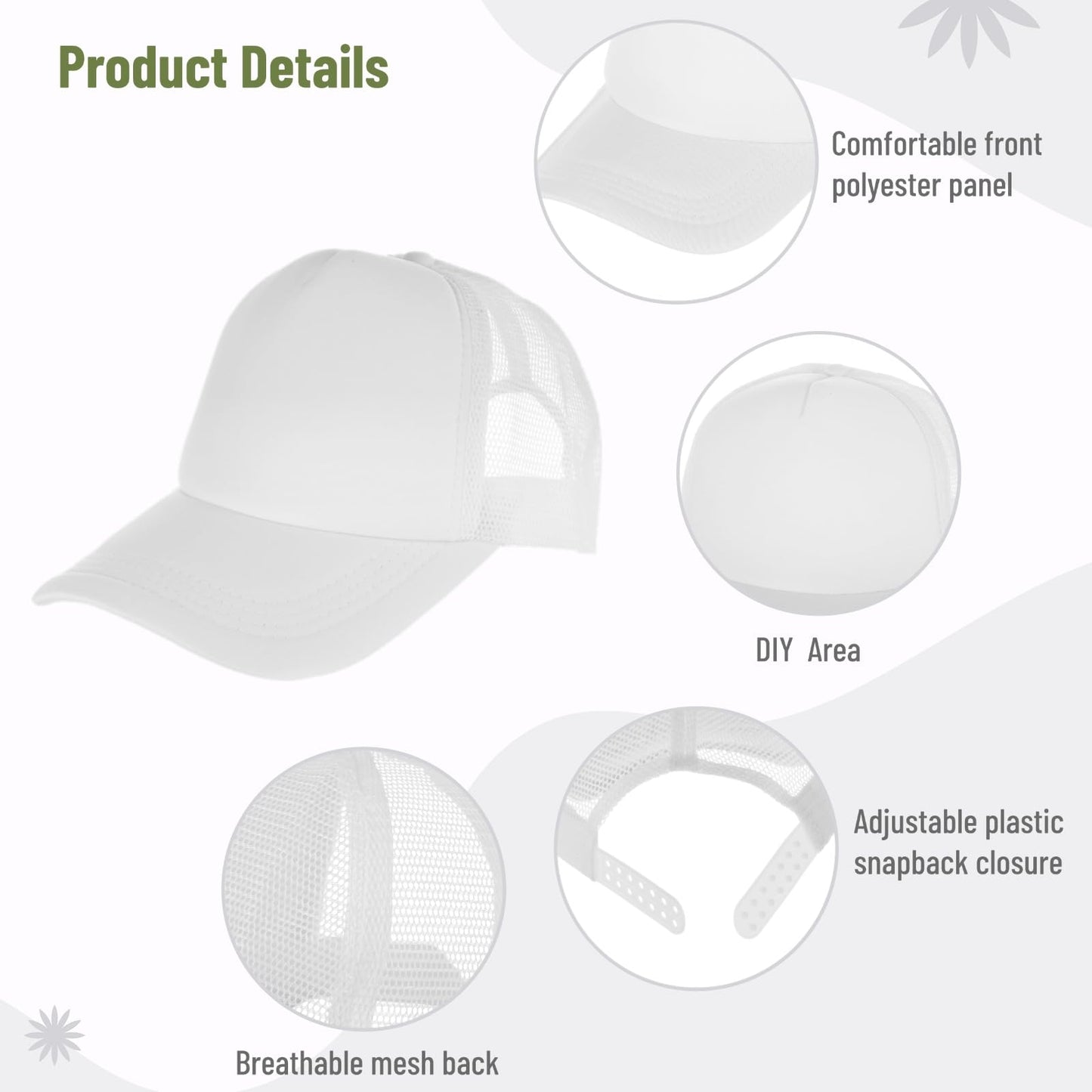 10 PCS Sublimation Blank Trucker Hats Plain Blank Baseball Caps Adjustable Back Strap Unisex Blank Mesh Caps Men Women DIY (Cotton, White)