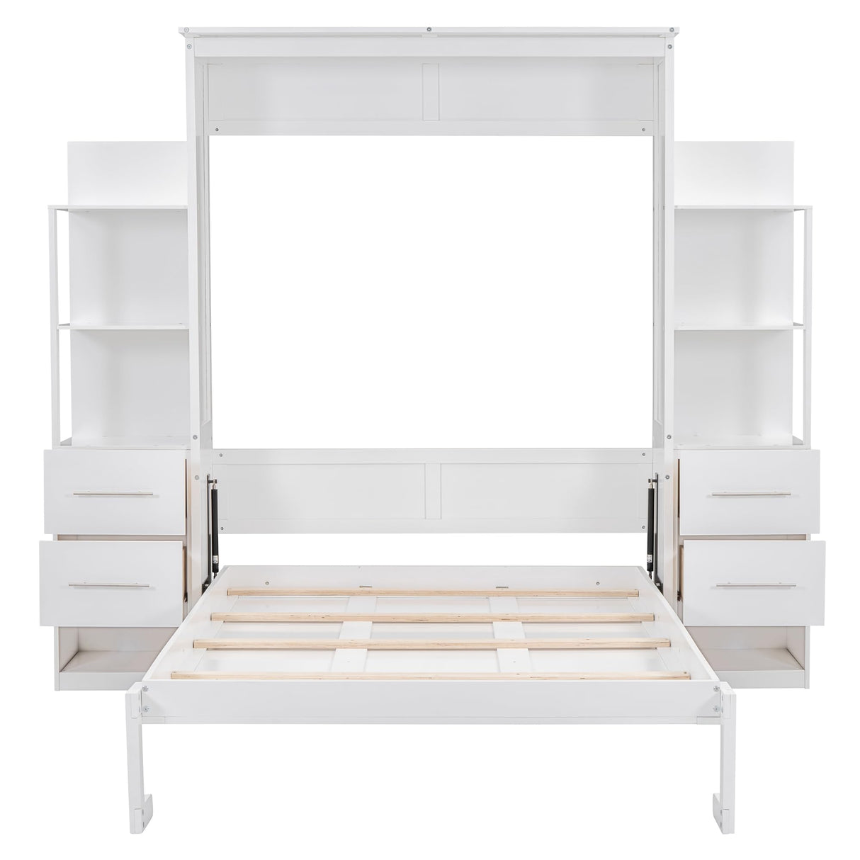 Full Murphy Bed with Storage Drawers,LED Lights and Storage Bookcase Shelves,Wood Murphy Wall Bed Cabinet for Adults MERITLINE