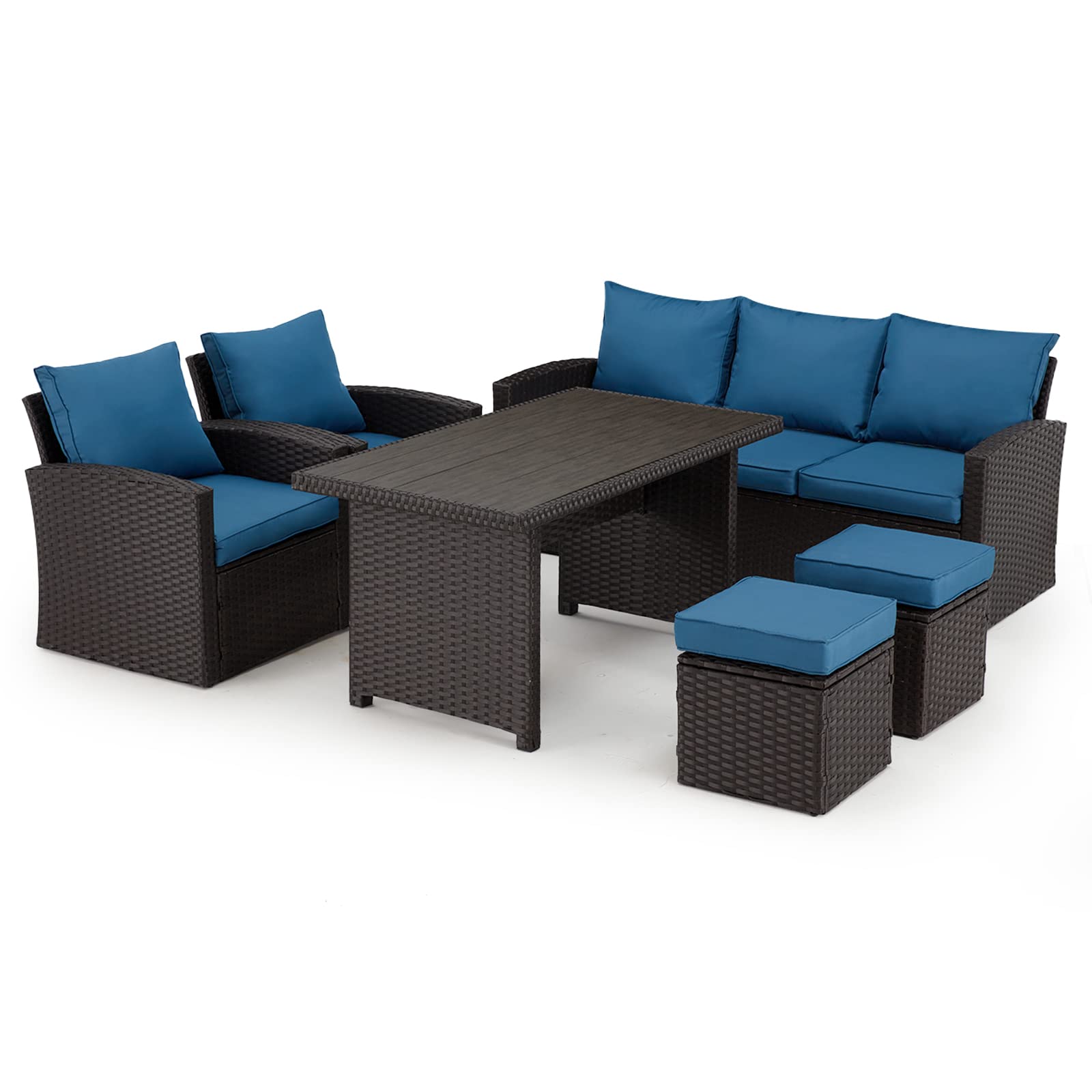 HOMREST 6 Pieces Patio Furniture Sets Clearance, Patio Dining Sofa Set Outdoor Sectional Sofa Conversation Set All Weather Wicker Rattan Couch Dining Table & Chair (Blue) - WoodArtSupply