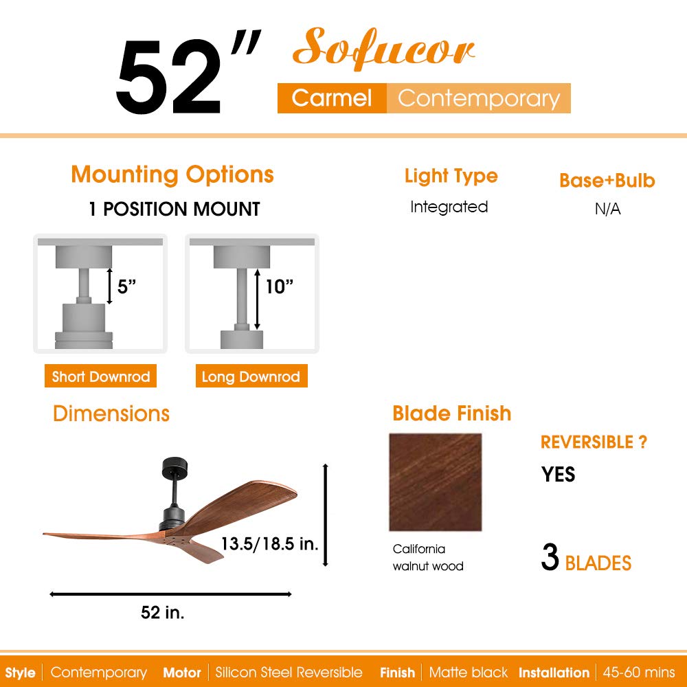 Sofucor 52 Inch Ceiling Fan No Light Outdoor Ceiling Fan Remote Controlled 3 Carved Wood Fan Blades Reversible DC Motor Ceiling Fan Without Light for Farmhouse Modern Style Sofucor