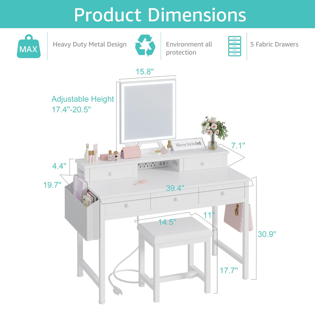 KAI-ROAD White Makeup Vanity Desk with Mirror and Lights, 40 inch Girls Vanity Set with Chair, Make Up Dresser Table with Drawers and Power Outlet for Bedroom Small Space KAI-ROAD