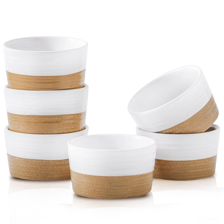 Hasense Ramekins, 6 oz Stoneware Ramekins Oven Safe Set of 6, Mini Ramekins Bowls for Dipping, Brulee, Custard, Farmhouse White Ramekins Gift Hasense