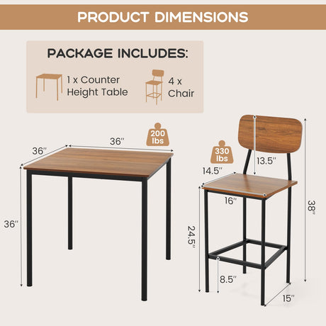 Giantex 5-Piece Dining Table Set W/Counter Height Table & 4 Bar Stools, Industrial Kitchen Dining Table Set W/Footrest & Backrest, Space-Saving Dinette Set for Pub, Dining Room, Restaurant (Walnut) Giantex