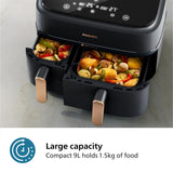 Philips Dual Basket Air Fryer 3000 Series, 8-in-1 functions, 9.5 Quarts, 2 Drawers, Auto-sync Cooking Time, 90% Less Fat, Rapid Air Technology, HomeID Recipe App, Dishwasher Safe, Black, (NA350/00) PHILIPS