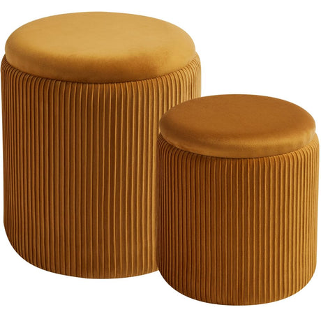 BLEXA Round Set of 2 Ottoman with Storage-Upholstered Velvet Vanity Stool for Makeup Multifunctional Ottomans Coffee Table Padded Seat Foot Rest for Living Room&Bedroom (Yellow) BLEXA