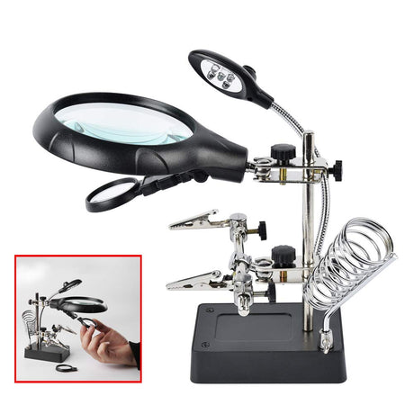 Beileshi 2.5X 7.5X 10X LED Light Helping Hands Magnifier Soldering Station,Magnifying Glass Stand with Auxiliary Clamp and Alligator Clips Beileshi