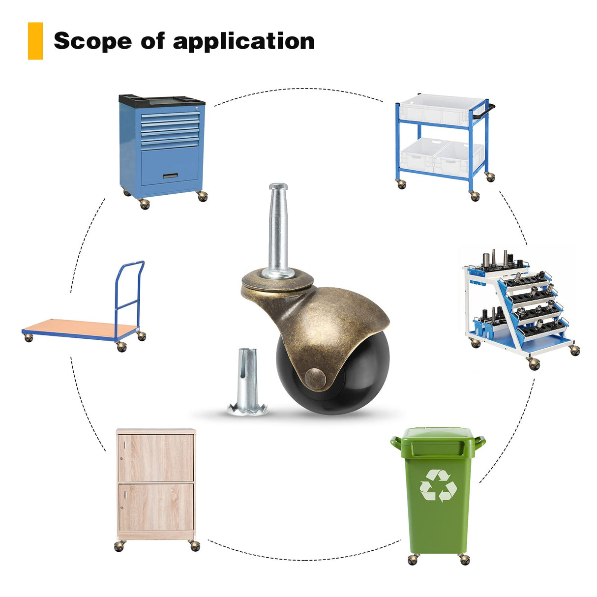 2" Ball Caster Wheels, casters Set of 4 Brass Vintage Antique casters 5/16" x 1 1/2" (8 x 38mm) Wheels Pole with Sleeve for Furniture, Chairs, Cabinets, （casters Set of 4 Heavy Duty） Apllamo