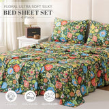 Bedlifes Full Sheet Set Ultra Soft, Breathable, Silky Flower Deep Pocket 100% Microfiber Bedding, 4 Piece Full Size with Floral Dark Green Bedlifes