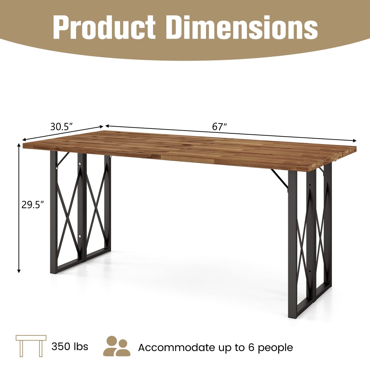 Tangkula 67 Inch Outdoor Dining Table, Acacia Wood Patio Table with 2 Inch Umbrella Hole, Heavy-Duty Metal Frame, Indoor Outdoor Picnic Table for 6 - WoodArtSupply