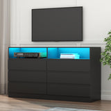 Gyfimoie 6 Drawers Dresser with Power Outlet, Black Chests of Drawers with LED Light, Modern Storage Dresser for Bedroom, Living Room Gyfimoie