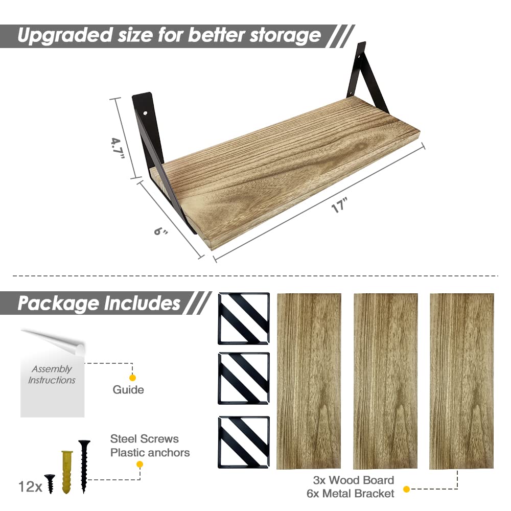 Forbena Set of 3 Floating Wooden Shelves with Black Metal Brackets - Versatile Wall Storage Solution Forbena